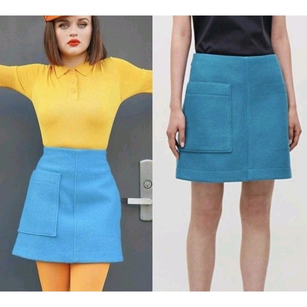 COS Blue Thick Lined Wool Mini Skirt, Front Pocket, Size US 8